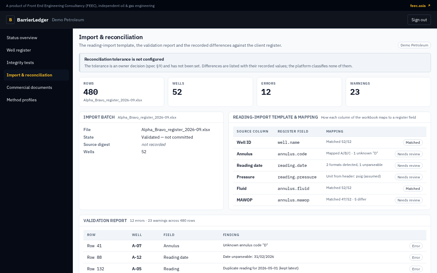 BarrierLedger import and reconciliation view for the fictional Demo Petroleum demo tenant: the import batch and its validation findings, the reading-template column mapping, and the recorded MAWOP differences against the client register.